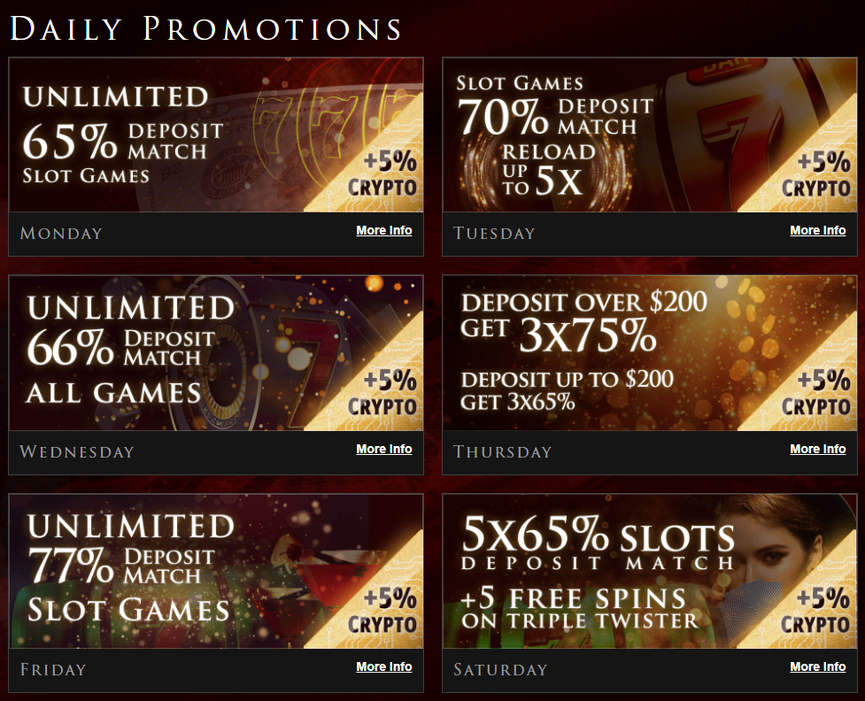 Screenshot of Lucky Red Casino’s Daily Promotions which include the Unlimited 65% Slot Deposit Match + 5% with Crypto on Mondays.